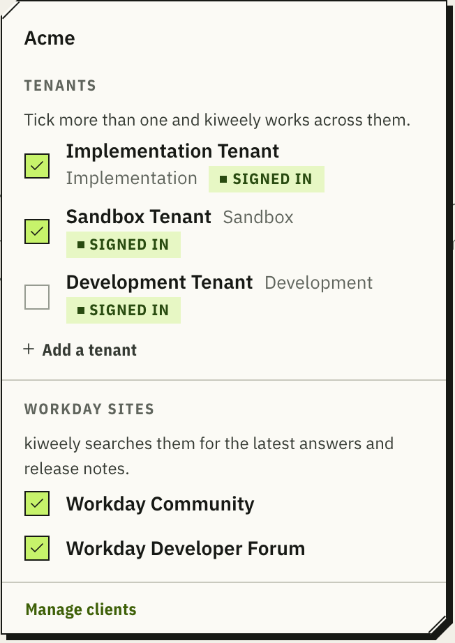 The connections for one conversation: Acme's Sandbox and Implementation tenants ticked and signed in, with Workday Community and the Developer Forum.