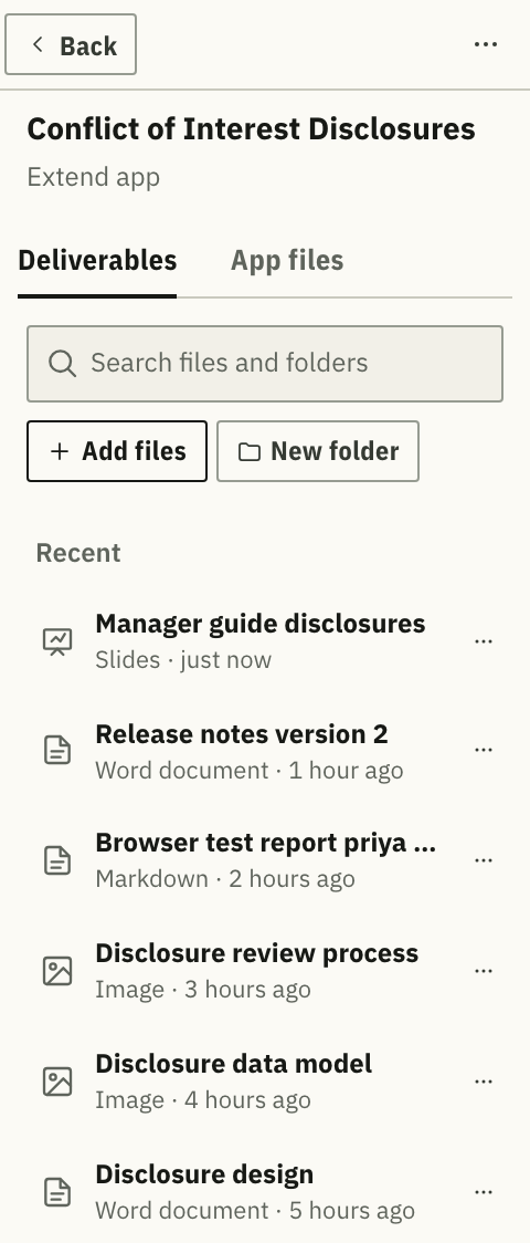 The project's recent documents: a manager guide, release notes, a browser test report, two diagrams and a design document.