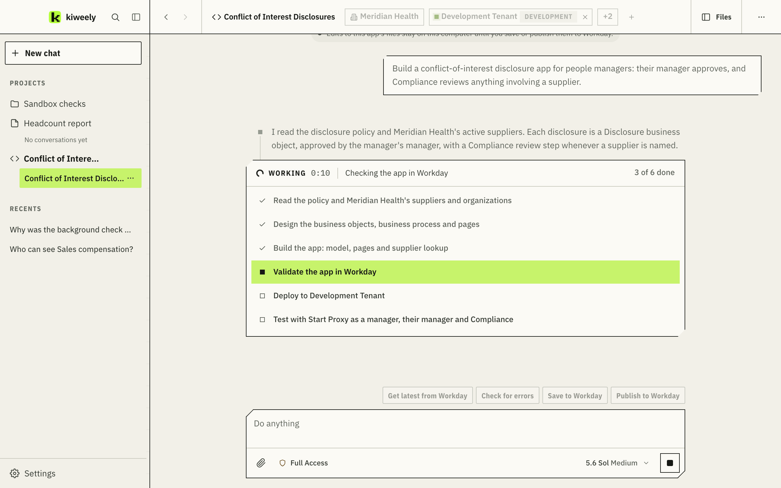 The kiweely app: projects and recent conversations on the left, the Meridian Health client and its tenants along the top, an Extend app's plan with the current step marked, and the AI model under the message box.
