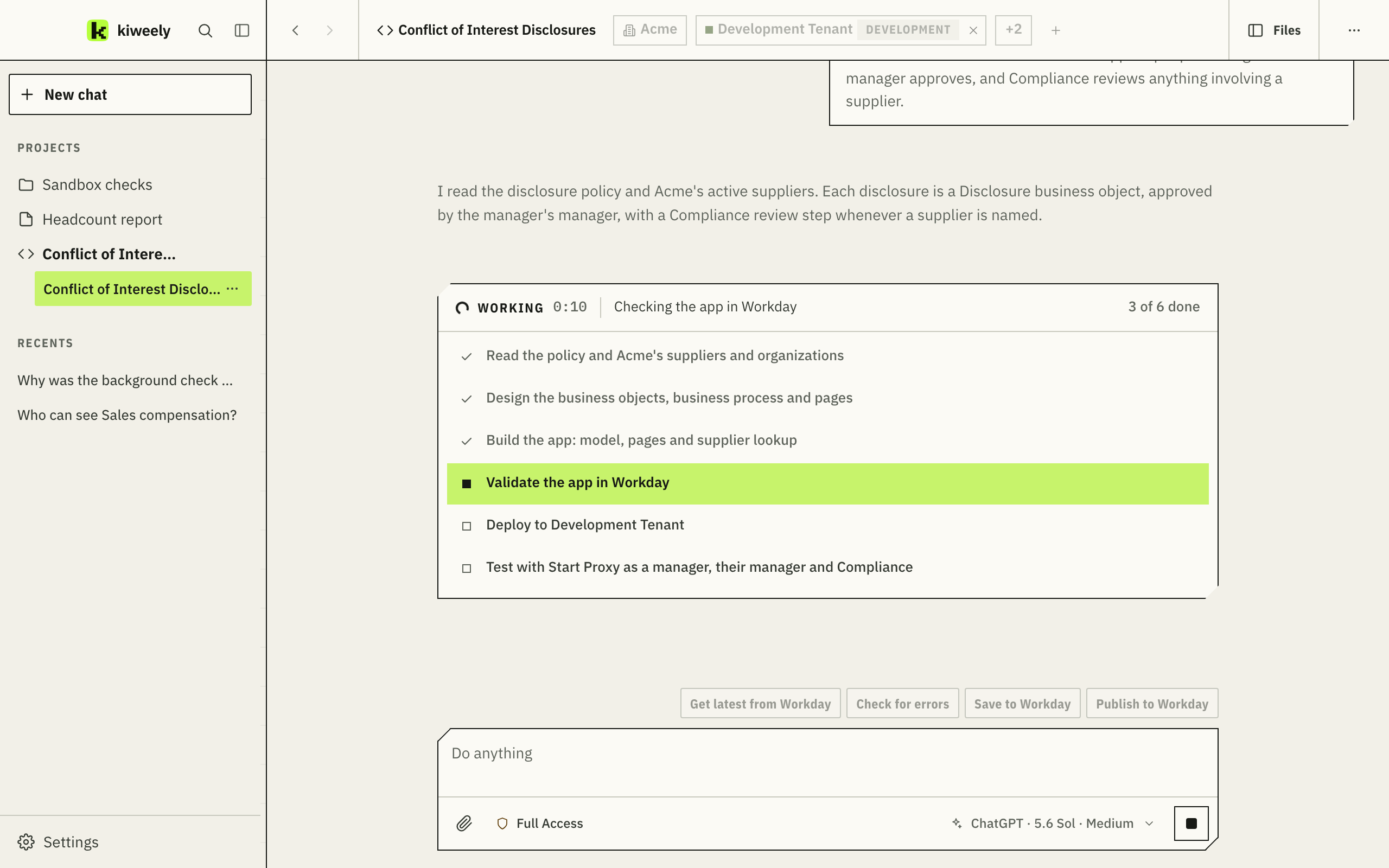 The kiweely app: projects and recent conversations on the left, the Acme client and its tenants along the top, an Extend app's plan with the current step marked, and the AI model under the message box.