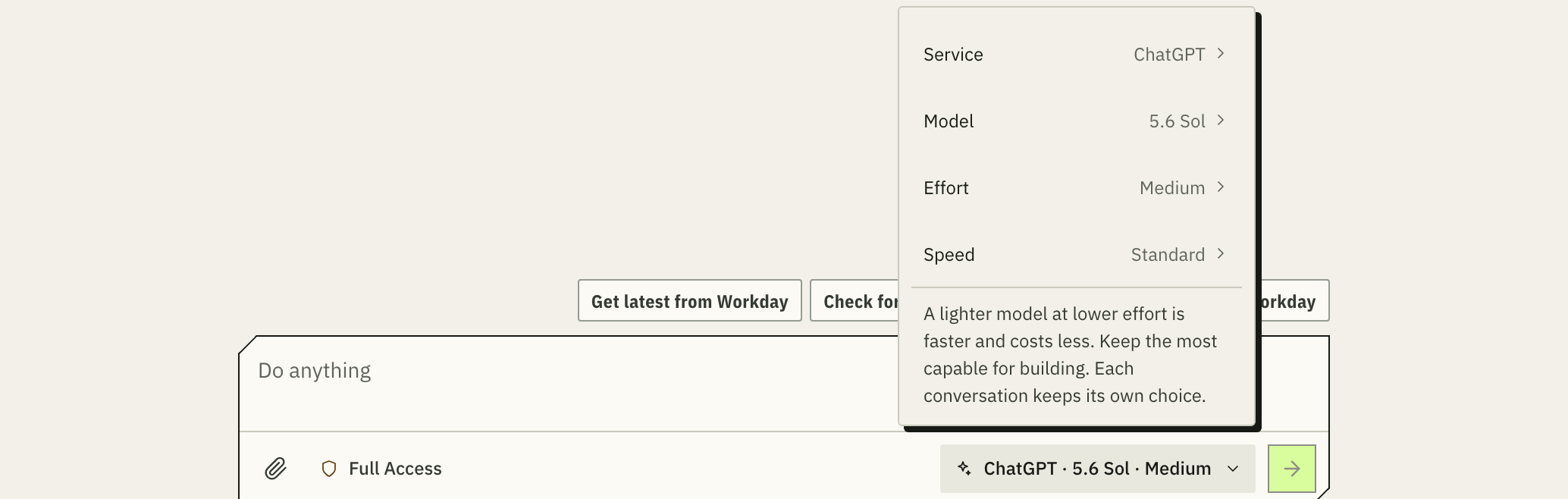 The menu under the message box: the AI service, the model, the effort and the speed, with a note on choosing a lighter model for questions.