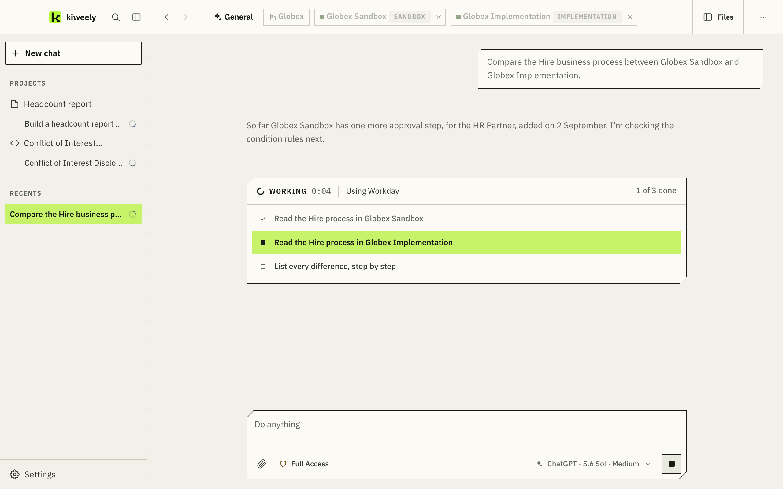 Three conversations running at once: an Extend app and a report for Acme, and a tenant comparison for Globex.