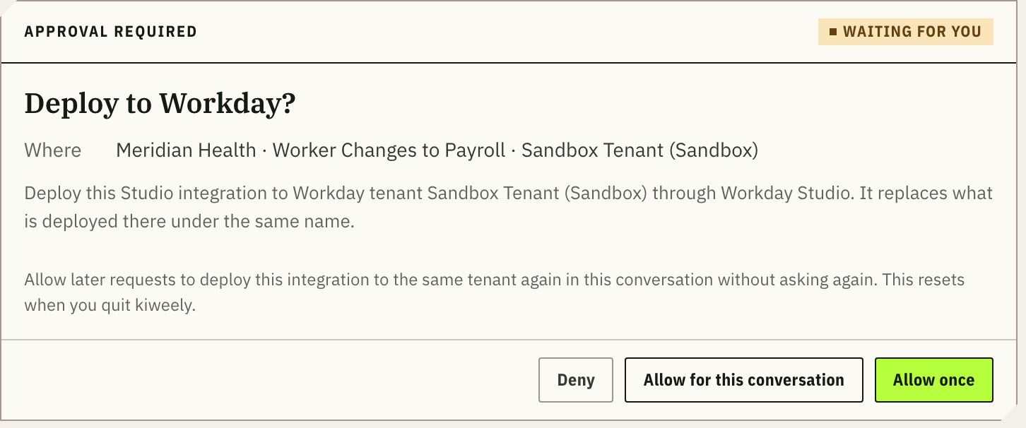 Approval required: Deploy to Workday? Meridian Health, Worker Changes to Payroll, Sandbox Tenant. Deny, Allow for this conversation, Allow once.