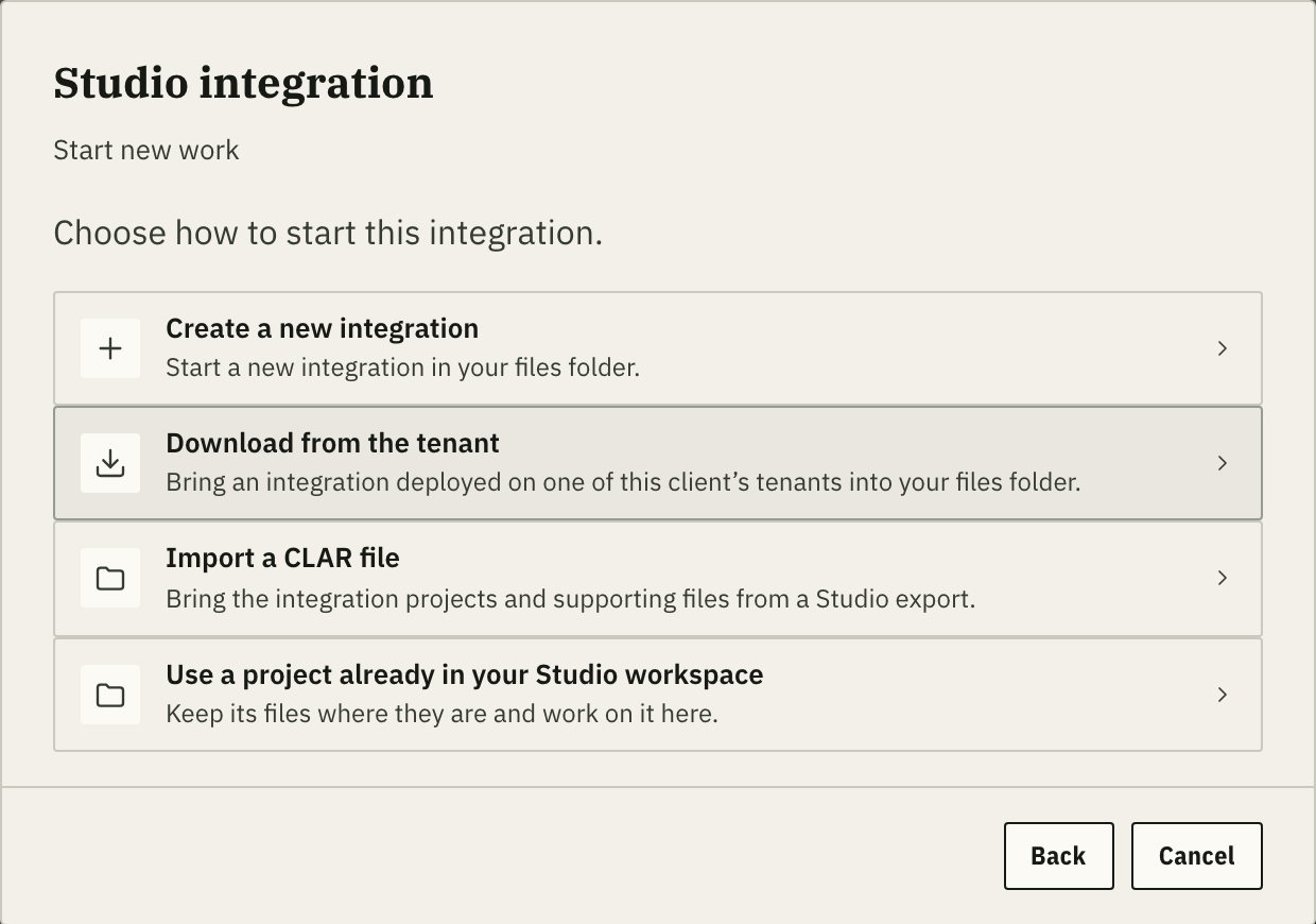 Choose how to start this integration: create a new integration, download from the tenant, import a CLAR file, or use a project already in your Studio workspace.